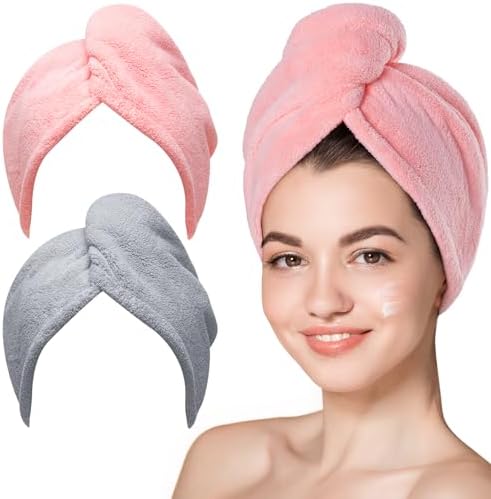 Hicober Microfiber Hair Towel Wrap for Women,Quick Dry, Pink Grey, 2-Pack
