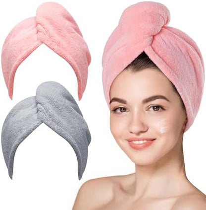Hicober Microfiber Hair Towel Wrap for Women,Quick Dry, Pink Grey, 2-Pack