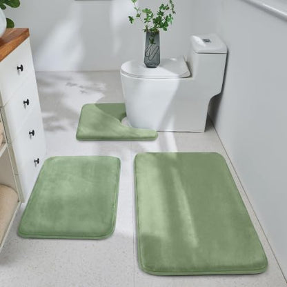 HUXMEYSON 3-Piece Memory Foam Bathroom Rug Set, Grey Green