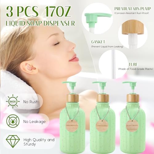 32PCS Green Bathroom Accessories Set with Shower Curtain,Rugs,Trash Can,3PCS Lotion Soap Dispenser, Toothbrush Holder, Soap Dish,Tumbler Cup,6PCS Wood Tags Bath Accessories with Tray for Bathroom