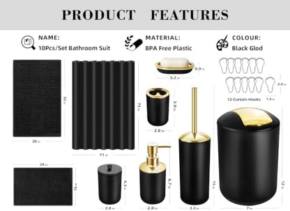 Black Bathroom Accessories Set, 22Pcs Bathroom Sets with Shower Curtain and Rugs, Bathroom Accessories Sets Complete with Trash Can, Non-Slip Bathroom Rugs, Super Absorbent, Black Gold