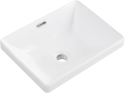 Semi Recessed Bathroom Sink 17"x13" Vessel Sink Drop-in White Porcelain Ceramic Modern Rectangular Sinks Basin Vanity Sinks with Overflow for Bathrooms