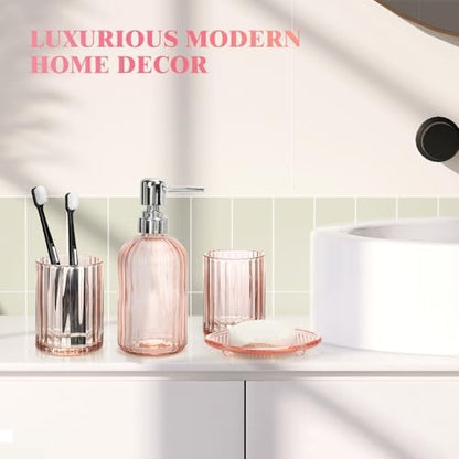 Glass Bathroom Accessories Set, 4Pcs Bathroom Accessories Sets Complete Lotion Soap Dispenser, Toothbrush Holder, Mouthwash Cup, Soap Dish for Bath Decor, Countertop Vanity Organizer (Pink)