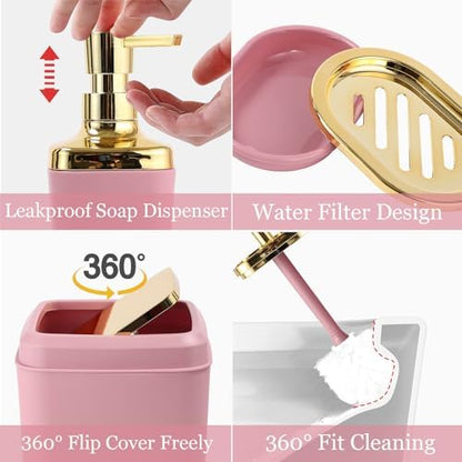 XLHOMO Bathroom Set - Pink and Gold Bathroom Accessories, Bathroom Sets with Shower Curtain and Rugs, Pink Shower Curtain Set with Bathroom Trash Can, Soap Dispenser, Soap Dish for Home Decor