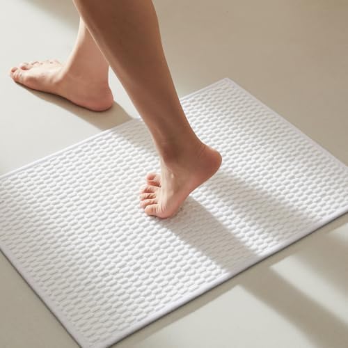 TYUU Bathroom Rugs Non Slip Washable, Super Absorbent Thin Bath Mat Small Quick Dry Low Pile Bathroom Rug, White 16"x24" / 1'4" x 2'