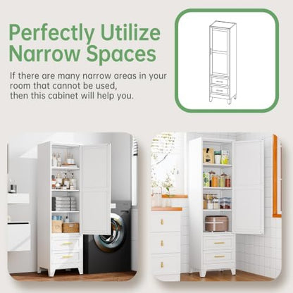 Ckzbx Tall Narrow Storage Cabinet, 66.93" H Tall Bathroom Cabinet Metal Pantry Cabinets with Drawers, 3 Adjustable Shelves, for Kitchen, Bathroom, Home Office, Living Room (White)