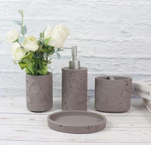 Hymmah Meteorites Bathroom Accessories Set,Farmhouse Bathroom Decor,4 Pcs Resin Gift Set Apartment Necessities, Contain Cotton Swab Jar,Soap Dispenser,Tumbler，Soap Dish/Tray
