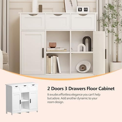 Sideboard Floor Storage Cabinet - Wooden Storage Organizer with 2 Doors and 3 Drawers, Free Standing Accent Buffet Cabinet with Adjustable Shelves for Living Room, Kitchen,Bathroom (White)