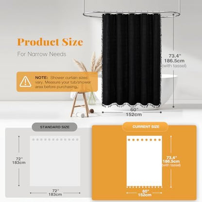 BTTN 60x72 Boho Farmhouse Linen Heavy Duty Fabric Shower Curtain Set, Black