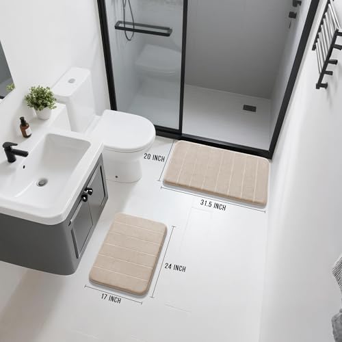 Yimobra Memory Foam Bathroom Rugs Sets 2 Piece - Super Soft Absorbent Quick Dry Bath Mat Set, Machine Washable Non Slip Floor Carpet for Tub Shower & Single Sink (17x24 & 31.5x20 Inch, Beige)