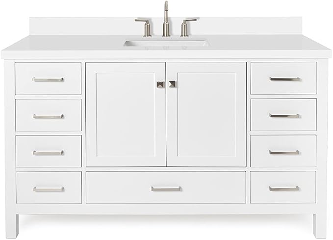 ARIEL Cambridge 60-inch Bathroom Vanity with Sink,Solid Wood, 1.5-inch Pure White Quartz Countertop & Backsplash, Single Rectangular Porcelain Sink, 2 Soft Closing Doors, 9 Dovetail Drawers, White