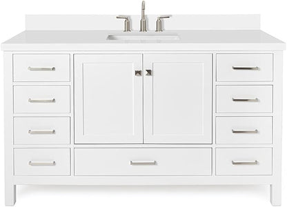 ARIEL Cambridge 60-inch Bathroom Vanity with Sink,Solid Wood, 1.5-inch Pure White Quartz Countertop & Backsplash, Single Rectangular Porcelain Sink, 2 Soft Closing Doors, 9 Dovetail Drawers, White