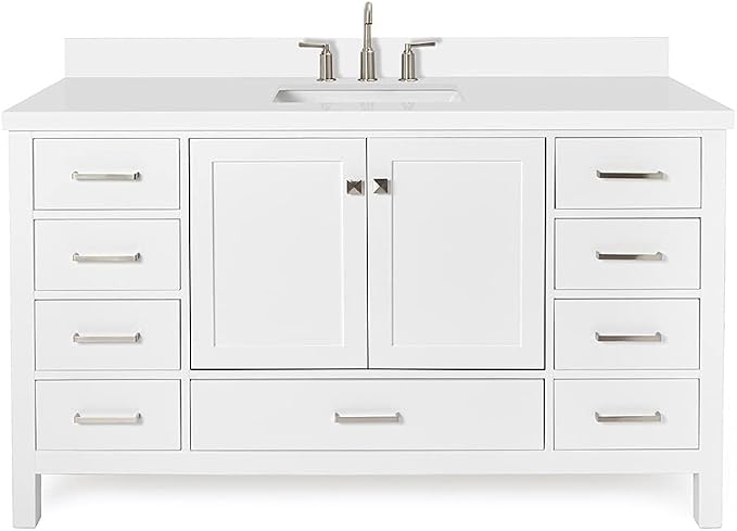 ARIEL Cambridge 60-inch Bathroom Vanity with Sink,Solid Wood, 1.5-inch Pure White Quartz Countertop & Backsplash, Single Rectangular Porcelain Sink, 2 Soft Closing Doors, 9 Dovetail Drawers, White