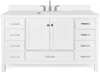 ARIEL Cambridge 60-inch Bathroom Vanity with Sink,Solid Wood, 1.5-inch Pure White Quartz Countertop & Backsplash, Single Rectangular Porcelain Sink, 2 Soft Closing Doors, 9 Dovetail Drawers, White