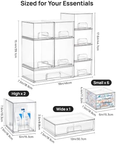 Vtopmart Clear Stackable Storage Drawers Set of 9, Plastic Organizer Bins