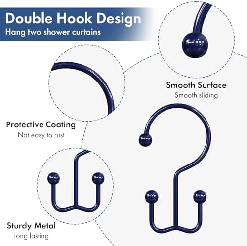 Bathway Shower Curtain Hooks Blue Shower Curtain Rings, 12 Pcs Double Hook Shower Curtain Hooks Rings Shower Curtain Hangers Rust Proof, Metal Shower Hooks for Bathroom Shower Curtain Rod