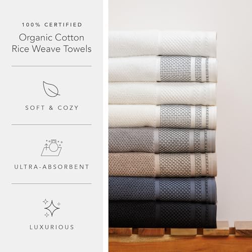 Texere 100% Organic Cotton Rice Weave Jacquard 700 GSM Luxury Bath Towel Sets - 2 Hand Towels, 2 Washcloths (Rice Weave, BRT Wht w/Blk, 2 Hand & 2 Wash Towels)