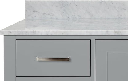 ARIEL Cambridge 60-inch Bathroom Vanity with Sink,Solid Wood, 0.75-inch Italian Carrara Marble Countertop, Single Rectangular Porcelain Sink, 2 Soft Closing Doors, 9 Dovetail Drawers, Grey