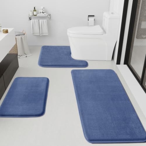 HUXMEYSON Bathroom Rugs Sets 3 Piece, Non-Slip & Quick Dry Bath Mat Set, Ultra Soft Velvet Bath Rugs for Bathroom, Toilet and Shower Floor, Dusty Blue