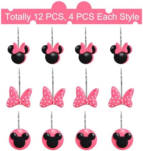 12-Piece Pink Mouse Shower Curtain Hooks for Bathroom