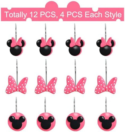 12-Piece Pink Mouse Shower Curtain Hooks for Bathroom