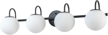 Globe Vanity Light, 31" Modern Gold Bathroom Light Fixtures Mid-Century Milk Glass Vanity Light 4-Light Wall Sconce Black | Mid-Century Milk Glass Vanity Light, Wall Sconce for Bathroom Hallway, Ceramic E12 Base, Dimmable, Up/Down Mounting Design