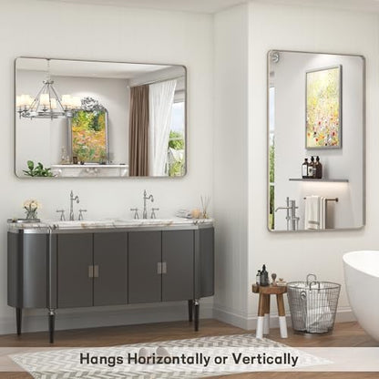 32x36 Inch Brushed Nickel Bathroom Mirror, Brushed Silver Metal Framed Wall Mirror, Rounded Corner Rectangle Modern Vanity Mirror, Tempered Glass, Anti-Rust, Shatterproof (Horizontal/Vertical)