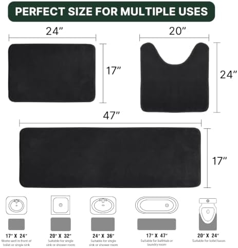 H.VERSAILTEX Bath Mat Memory Foam Set Bathroom Rug Set Flannel Velvety Extra Soft and Absorbent Non Slip Rugs for Bathroom/Bedroom Washable(47"x 17" + 17"x 24" + 20"x 24"U-Shaped, Black)
