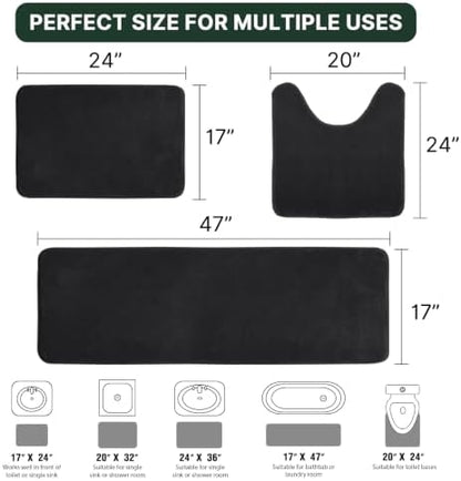 H.VERSAILTEX Bath Mat Memory Foam Set Bathroom Rug Set Flannel Velvety Extra Soft and Absorbent Non Slip Rugs for Bathroom/Bedroom Washable(47"x 17" + 17"x 24" + 20"x 24"U-Shaped, Black)