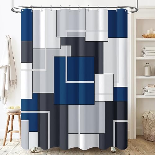 BTTN 72x84 Tall Geometric Waterproof Fabric Shower Curtain Set, Navy Blue