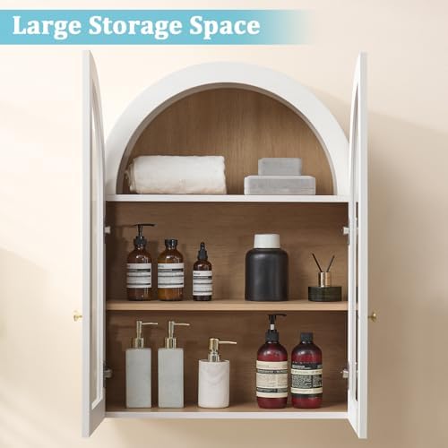 Bathroom Arched Wall Cabinet, 23.5'' Wide Medicine Cabinet, Bathroom Cabinet Wall Mount with Glass Doors & Adjustable Shelves, Over The Toilet Storage Cabinet for Laundry Room, Bedroom,Kitchen, White