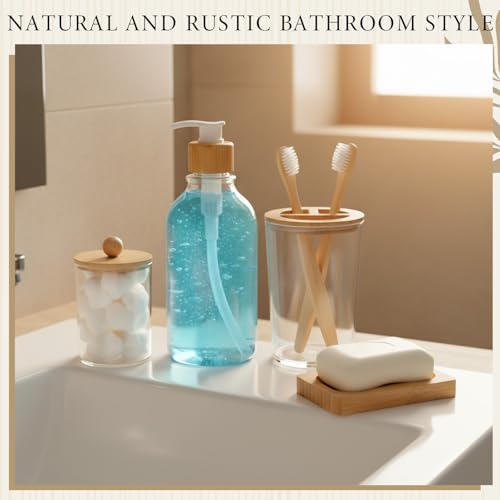 Teenyyou 9-piece Handwoven Wicker Bathroom Set, 15L / 4 Gallon Natural Water Hyacinth Trash Can, Tissue Holder, Soap Dispenser, Toothbrush Cup, Vanity Tray & Storage Jars
