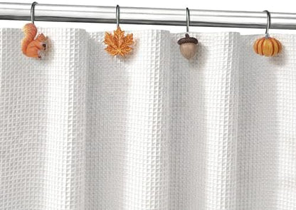 Sunlit Fall Autumn Decorative Shower Curtain Hooks, Pumpkin Maple Leaf Squirrel Acorn Shower Curtain Rings, Resin, Orange Leaves Cute Bathroom Curtain Hangers Decoration, Set of 12