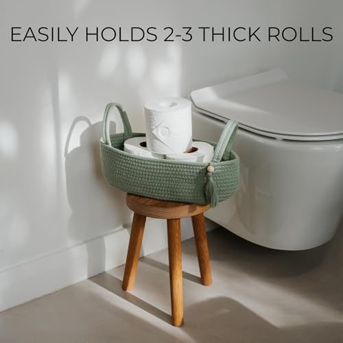 Decorative Toilet Paper Basket – Beautiful Bathroom Organizer for Toilet Tank Storage Decor – Boho Cotton Rope Bin with Tassel for Bathroom Accessories and as Shelf Decor (sage Green)