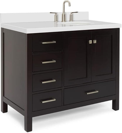 ARIEL Cambridge 42-inch Bathroom Vanity with Sink,Solid Wood, 1.5-inch Pure White Quartz Countertop & Backsplash, Single Oval Porcelain Sink, 2 Soft Closing Doors, 5 Dovetail Drawers, Espresso