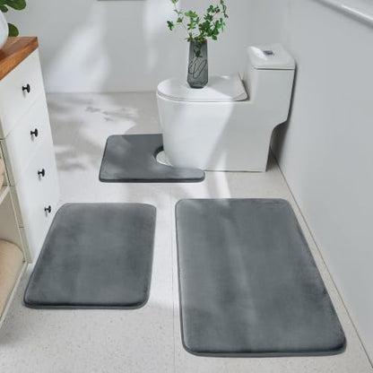 HUXMEYSON 3-Piece Memory Foam Bathroom Rug Set, Grey