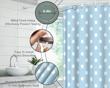 Polka Dot Shower Curtain Light Blue White Retro Spot Vintage Fabric Decorative Bathroom Curtains with Hooks,67" Wx70 H