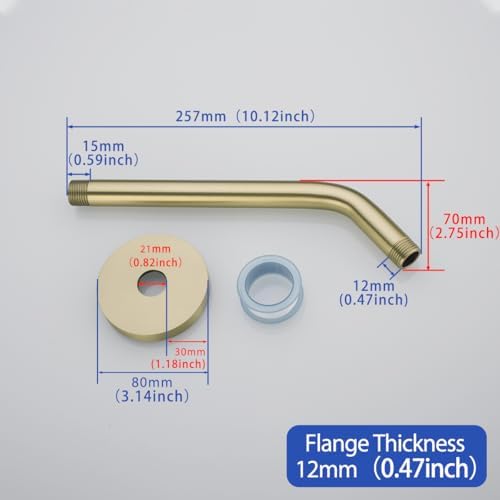 10 in Brushed Gold Shower Arm with Flange,Wall Mount Replacement Angle Shower Head Arm Wall-Mounted For Fixed Shower Head & Handheld Showerhead,SW-RD91018-10BG.