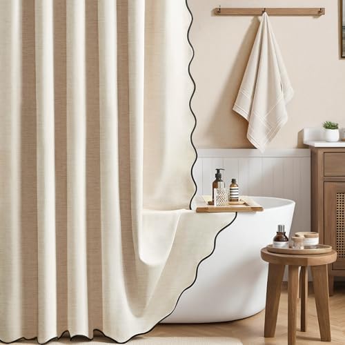 BTTN 108x72 Boho Scalloped Linen Textured Cloth Shower Curtain, Beige/Cream