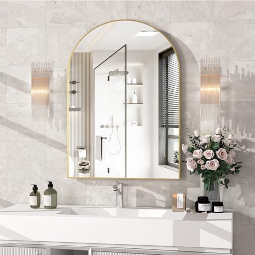 Arched Wall Mirror for Bathroom, 40"x30" Arched Mirror Wall Mounted Mirror with Metal Frame, Gold Vanity Mirror Decor for Mantle, Bedroom, Entryway, Living Room