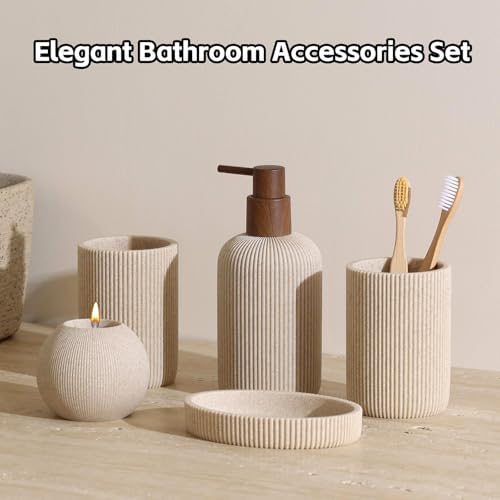 Bathroom Accessories Set, 5 PCS Modern Bath Organizer, Beige