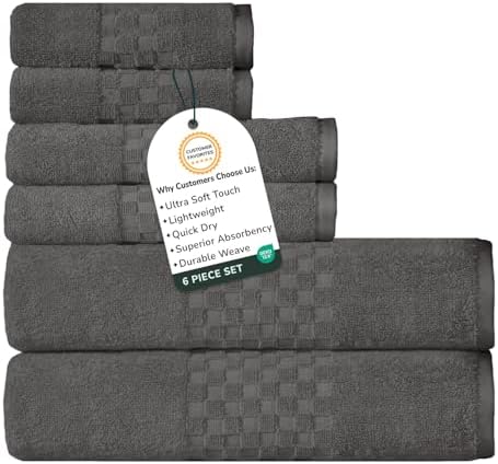 Feather & Stitch 100% Cotton 625 GSM Bath Towel Set of 6, Ultra Soft Highly Absorbent 2 Bath Towels, 2 Hand Towels & 2 Washcloth - Luxury Quick Dry Shower Towels (Dark Grey)