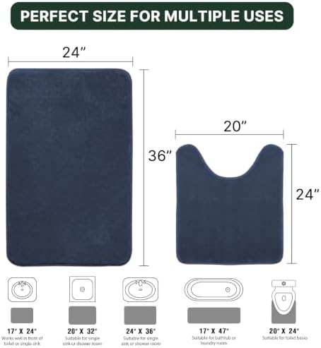 H.VERSAILTEX Bath Mat Memory Foam Set Bathroom Rug Set Flannel Velvety Bath Mat Luxury Extra Soft and Absorbent Non Slip Rugs for Bathroom/Bedroom Washable(Curved Set 24"x 36" Plus 20"x 24"U, Navy)