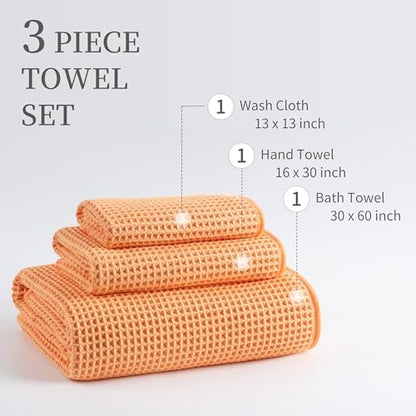 MICROFI Microfiber Waffle Bath Towels, 3 Pieces, Oversized, Soft, Absorbent, Fast Drying, Lint Free, Includes Bath, Face and Hand Towels 430 GSM