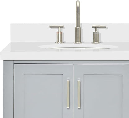 ARIEL Magnolia 72-inch Bathroom Vanity with Sink,Solid Wood, 1.5-inch Pure White Quartz Countertop & Backsplash, Double Oval Porcelain Sink, 4 Soft Closing Doors, 3 Dovetail Drawers, Grey