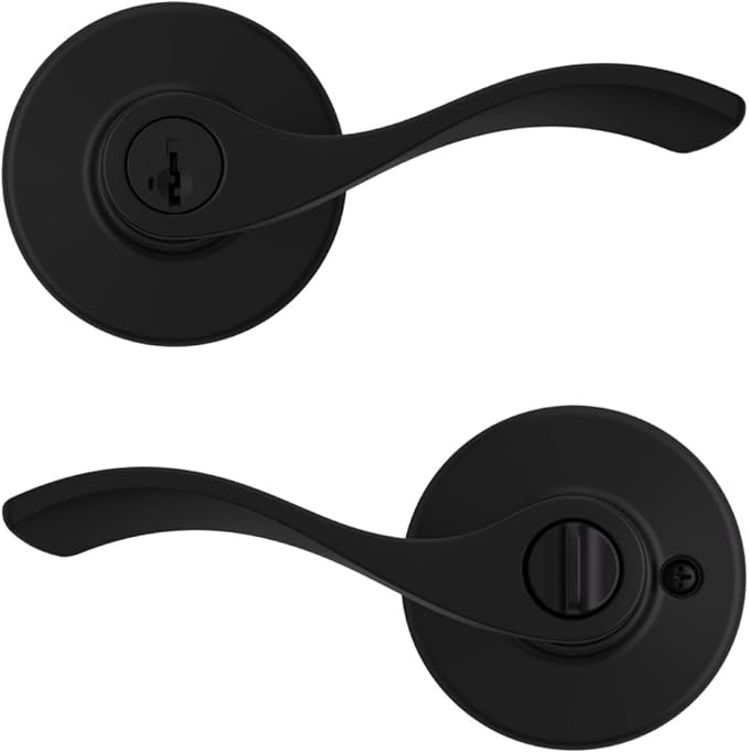 Kwikset Balboa Entry Door Handle with Lock and Key, Secure Keyed Reversible Lever Exterior, Doorlock, For Front Entrance and Bedrooms, Matte Black, Pick Resistant Smartkey Rekey Security