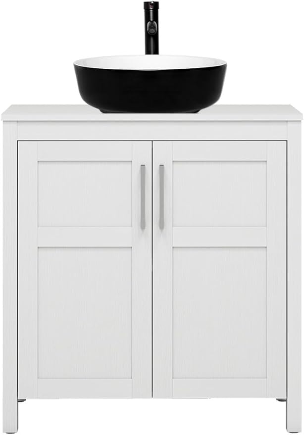 YOURLITE 30" White Bathroom Vanity, 30" White Bathroom Vanity Sink Combo with Black White Ceramic Basin Faucet & Pop Up Drain Set