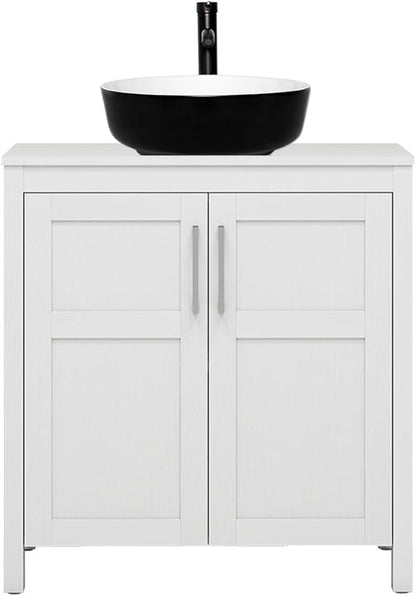 YOURLITE 30" White Bathroom Vanity, 30" White Bathroom Vanity Sink Combo with Black White Ceramic Basin Faucet & Pop Up Drain Set