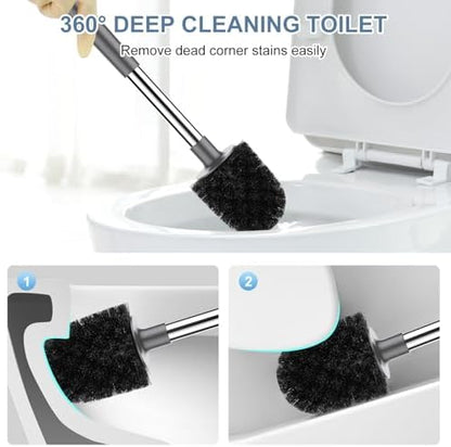 SetSail Toilet Brush and Holder 3 Pack, Self Closing Lid Toilet Bowl Brushes Holder Extra Long Handle Ventilated Toilet Brush Set for Bathroom Cleaning, Nylon Bristles, Grey