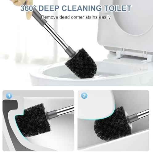 SetSail Toilet Brush and Holder 2 Pack, Self Closing Lid Toilet Bowl Brushes Holder and Extra Long Handle Ventilated Toilet Brush Set for Bathroom Cleaning, Nylon Bristles, Grey